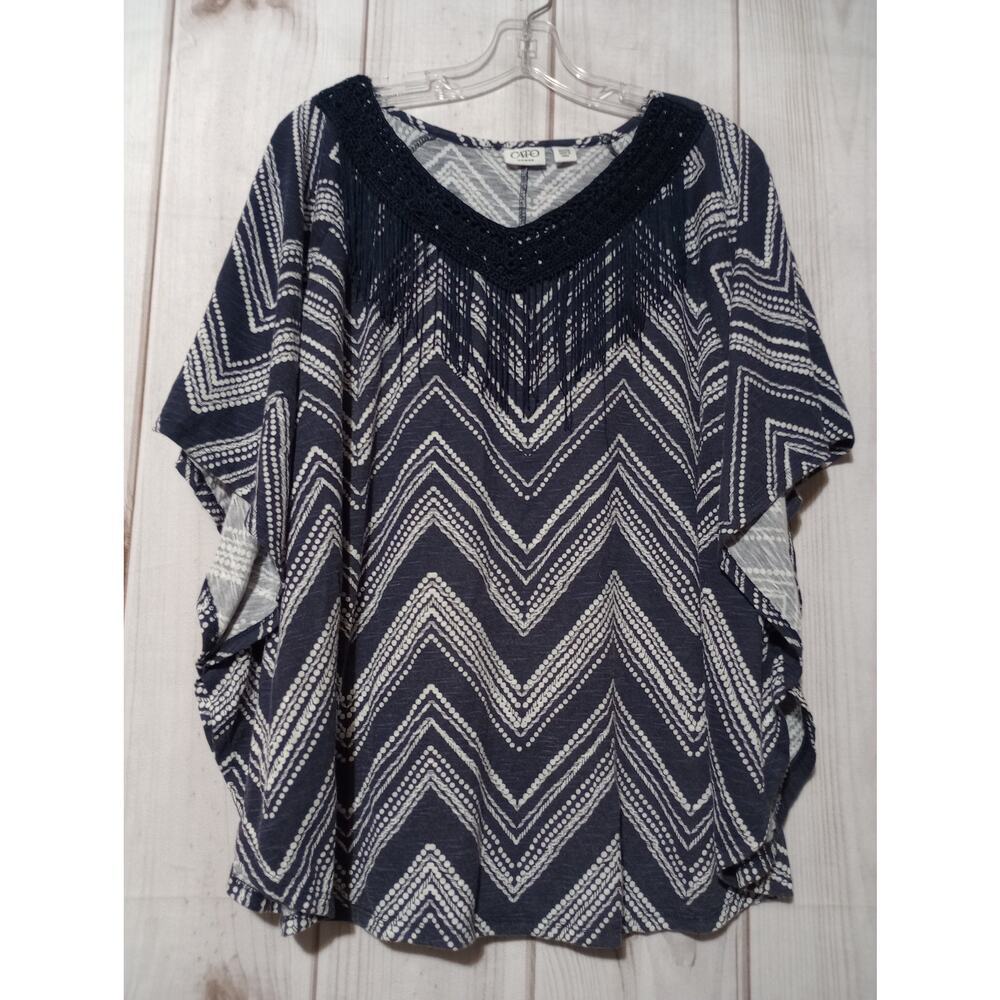 Cato Blouse Womens 22/24W Navy White Chevron Fringe Boho Top Plus Size